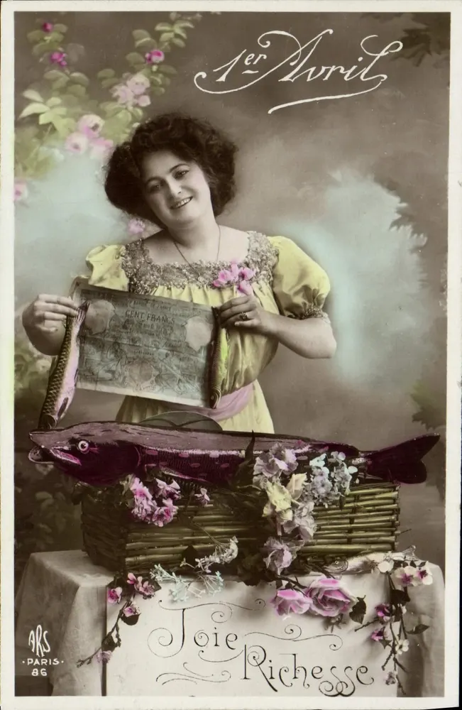 Frau mit Scheck und Fisch — 1. April — ARS PARIS 86 - Vorderseite