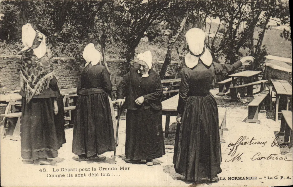 Vier Frauen im normannischen Kleid — Der Aufbruch zur Großen See — Die Normandie — Antike Ansichtskarte n°48 - Vorderseite