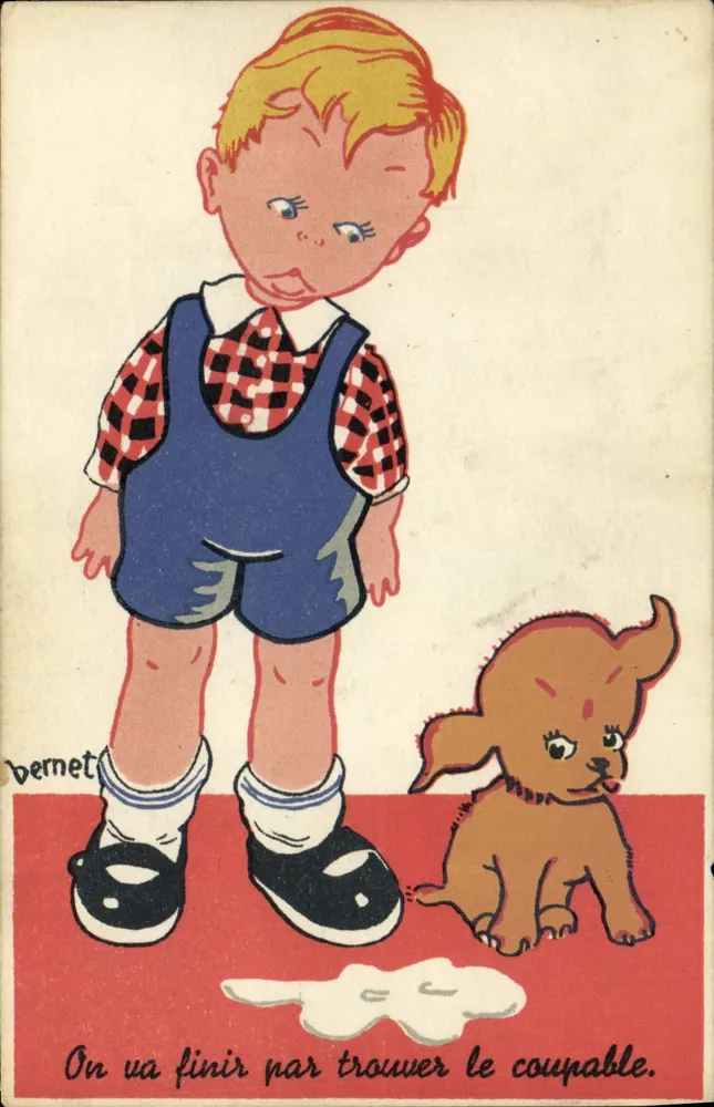 Kind und schuldiger Welpen — humoristische Illustration — Bernet - Vorderseite