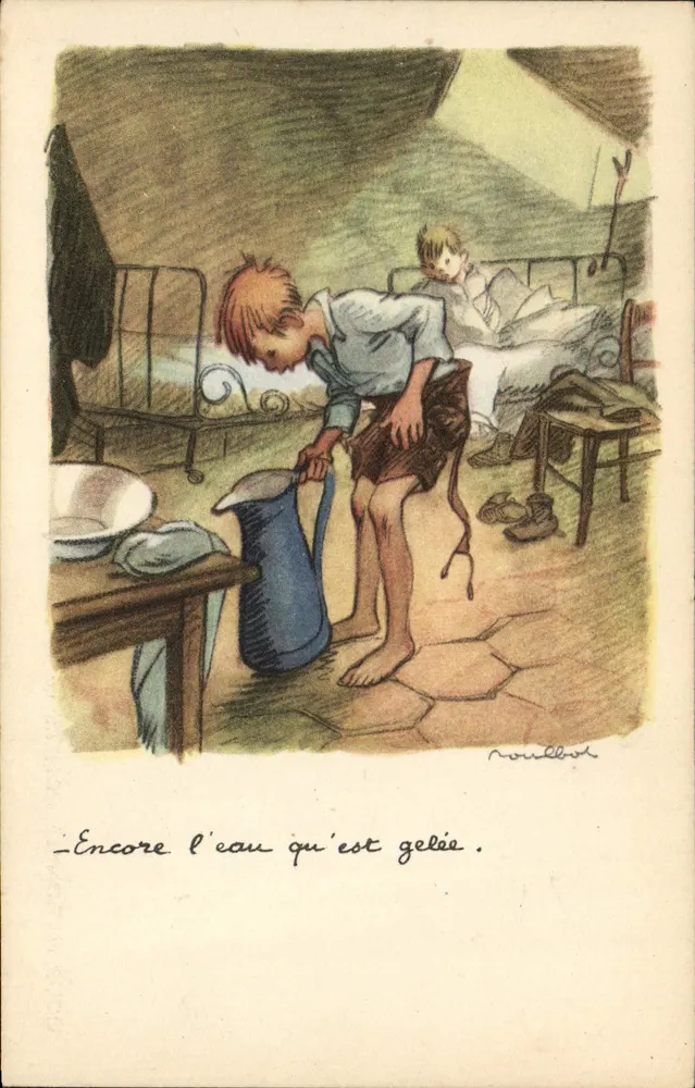 Kind, das eisiges Wasser gießt — Illustration von Nourbost — Nationale Liga gegen Slums - Vorderseite