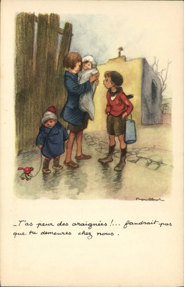 Kinder und Spinnen — Illustration von Poulle — Nationale Liga gegen Slums - Vorderseite