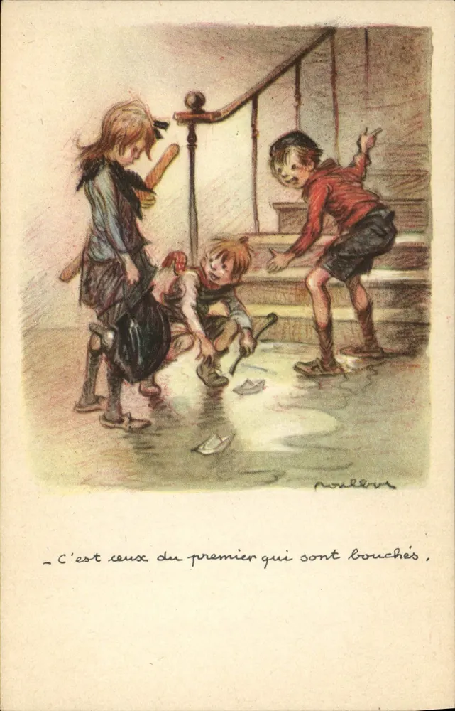 Kinder, die in einer Pfütze spielen — Illustration von N. N. — Nationale Liga gegen Slums - Vorderseite