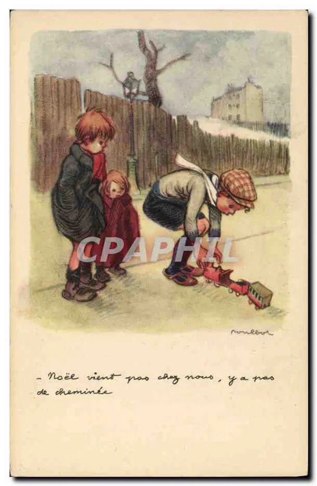 Kinder, die mit einem Zug spielen — Winterlandschaft — P. RINDELÉ - Vorderseite