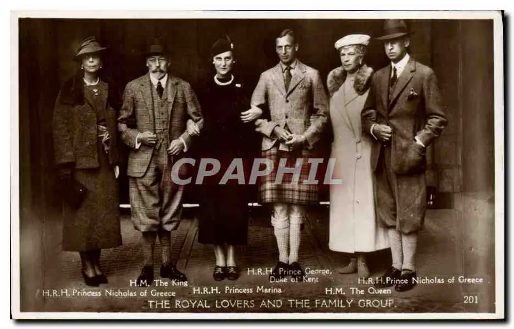 La famille royale grecque — H.M. le Roi, H.R.H. la princesse Marina, H.R.H. le prince George de Kent, H.M. la reine, H.R.H. le prince Nicholas de Grèce — n° 201 - Recto