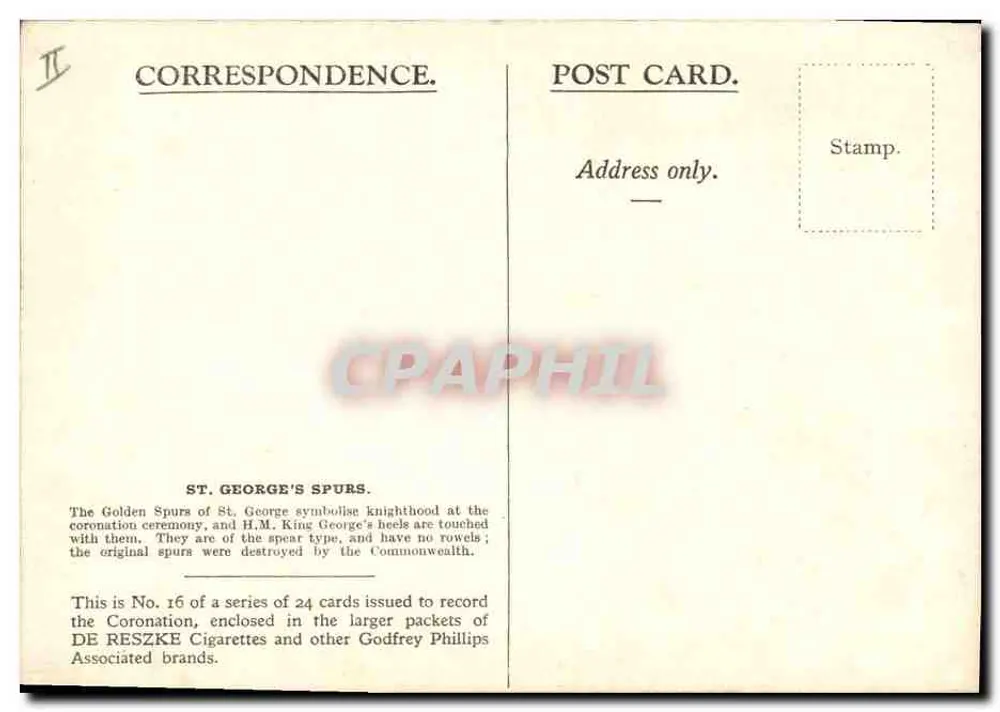St. George's Spurs — série de 24 cartas para cigarros DE RESZKE — editor Godfrey Phillips - Verso