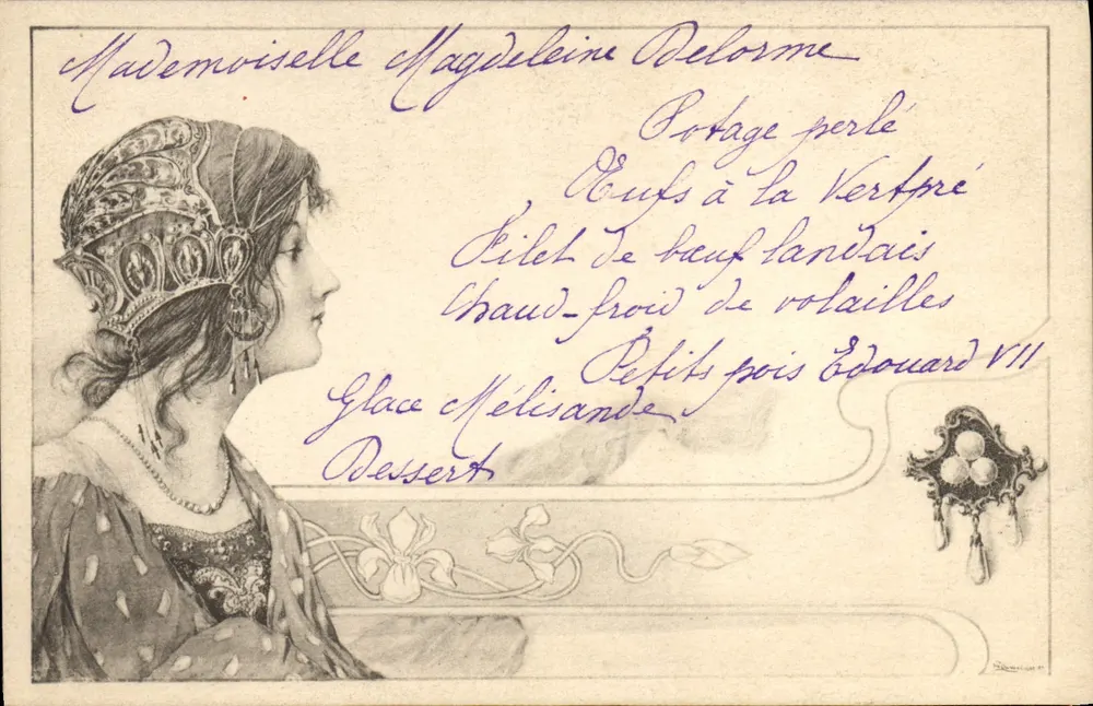 Junge Frau mit geschmücktem Hut — Menü aus dem Hof von Edward VII — anonymer Verlag, Seriennummer nicht sichtbar - Vorderseite