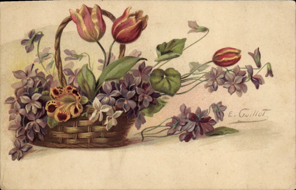 Arranjo de tulipas e violetas — E. Guillot - Frente