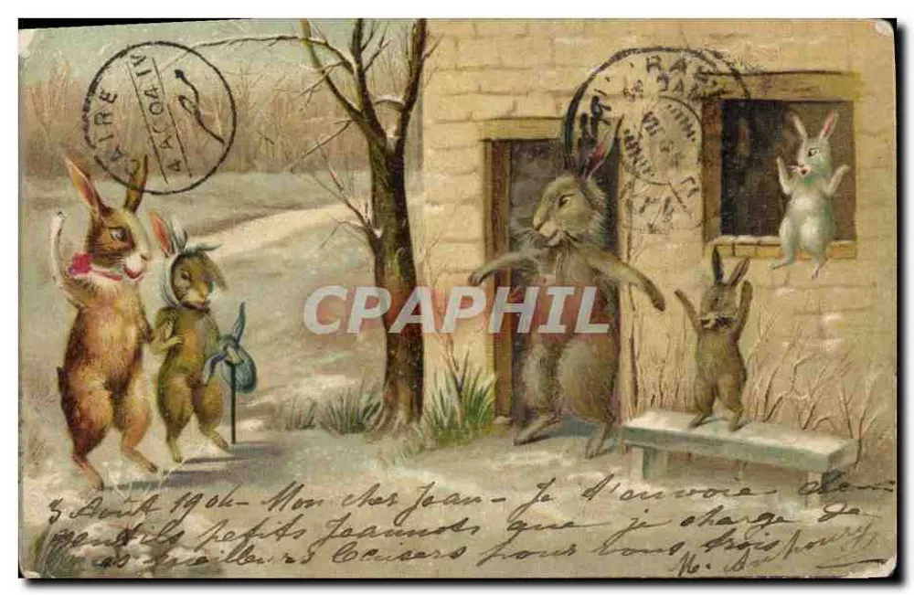 Scène de lapins — animaux dans un décor hivernal — éditeur anonyme - Frente
