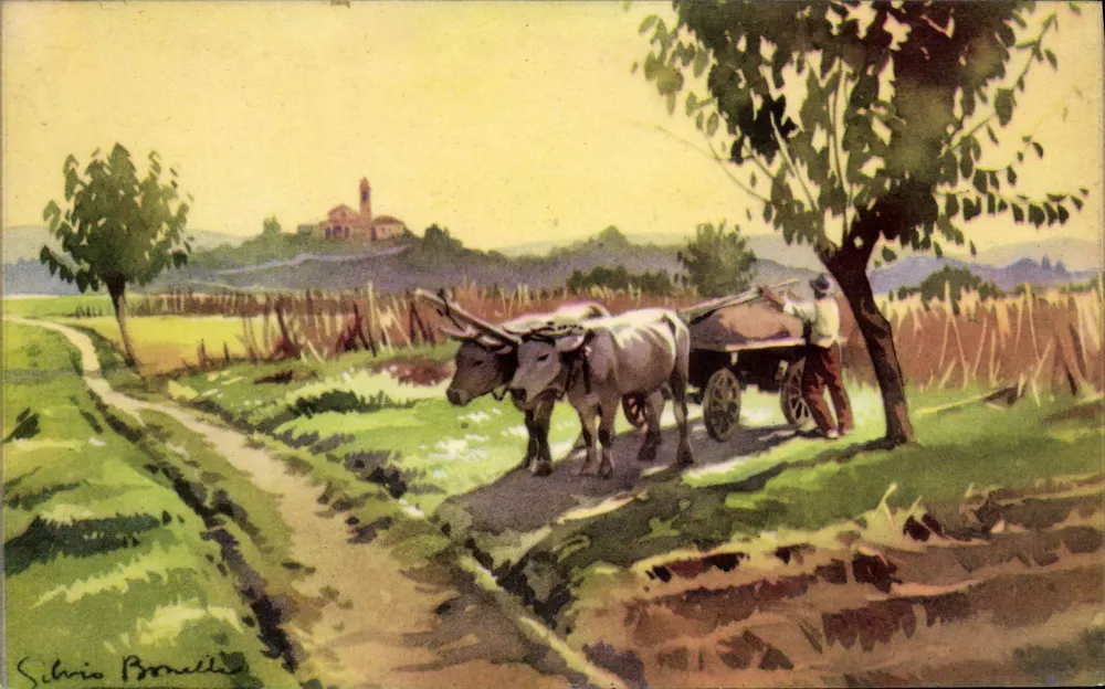 Italienische Landschaftsszene — Ochsen an einer Kutsche — Signiert Schirio Bonelli - Vorderseite