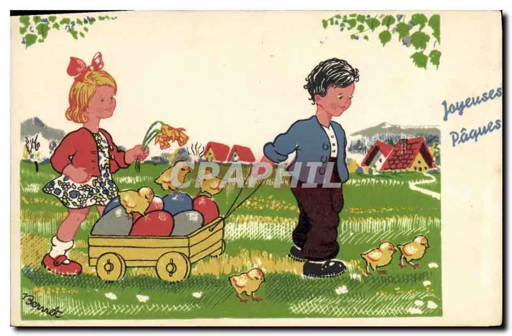 Kinder mit Küken und Ostereiern — Zeichnung von Bennet — Verlag nicht sichtbar - Vorderseite