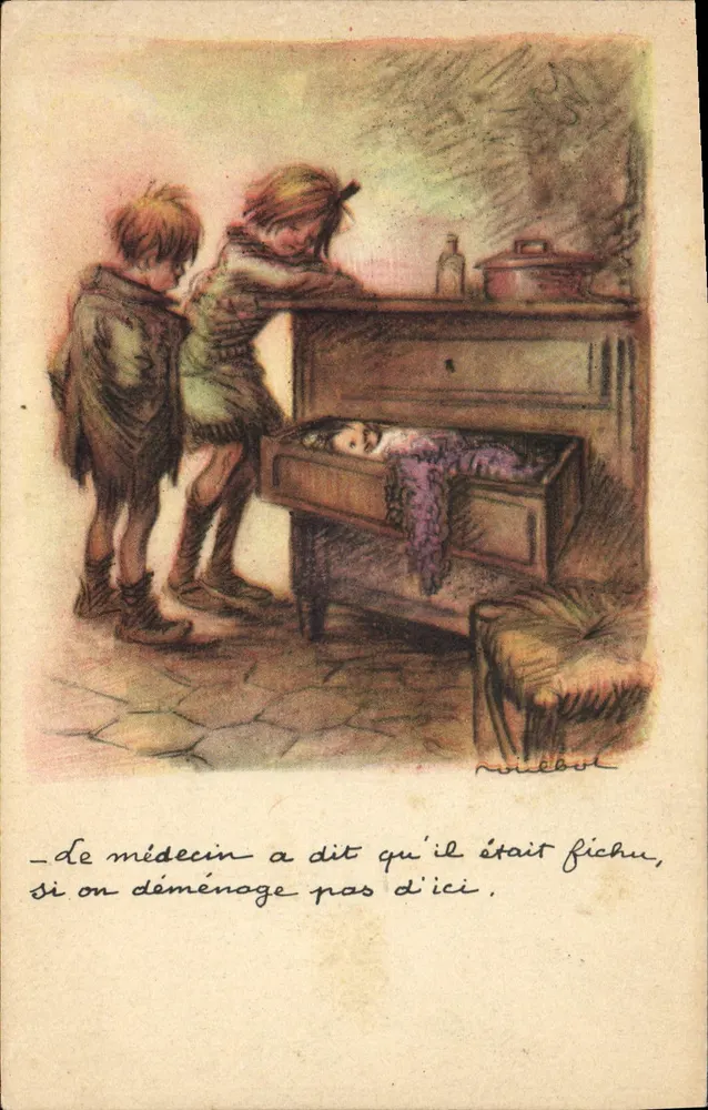 Zwei Kinder, die eine schlafende Mädchen in einer Schublade beobachten — Illustration von Noëlbot — Nationale Liga gegen Slums - Vorderseite