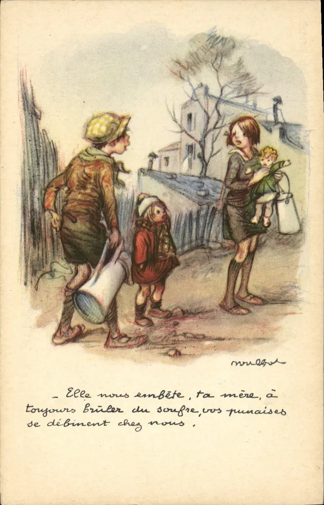 Kinder und Frau mit Baby — Straßenszene — Zeichnung von M. MULGAT — Nationale Liga gegen Slums - Vorderseite