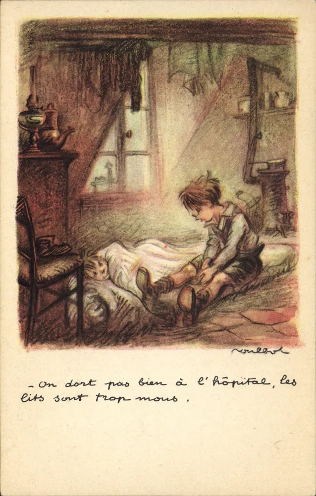 Kind im Krankenhaus — Illustration von René Boullet — Nationale Liga gegen Slums - Vorderseite