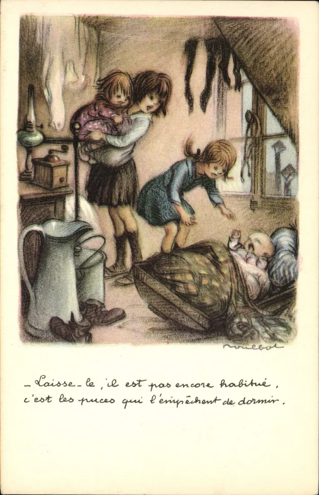 Kinder und Baby in einem Zimmer — illustriert von N. Millebat — Nationale Liga gegen Slums - Vorderseite
