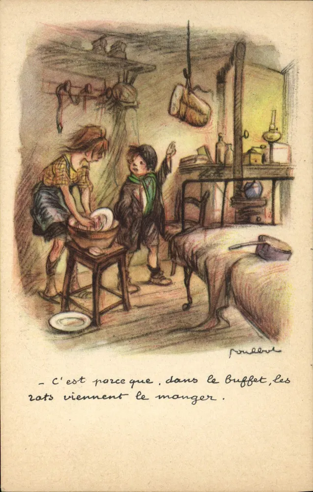 Küchen-Szene — Kinder und Ratten — Zeichnung von Poulleve - Vorderseite