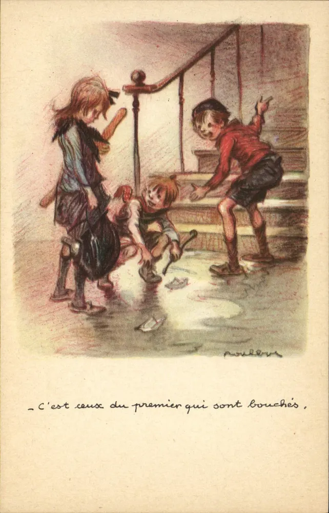 Kinder, die auf einer Treppe spielen — Illustration von Poulèvre — Nationale Liga gegen Slums - Vorderseite