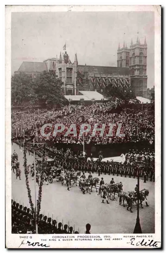 Kronungsprozession, 1911 — Der König & die Königin kehren von der Abtei zurück — Rotary Photo. E.C. n° 9482 Q - Vorderseite