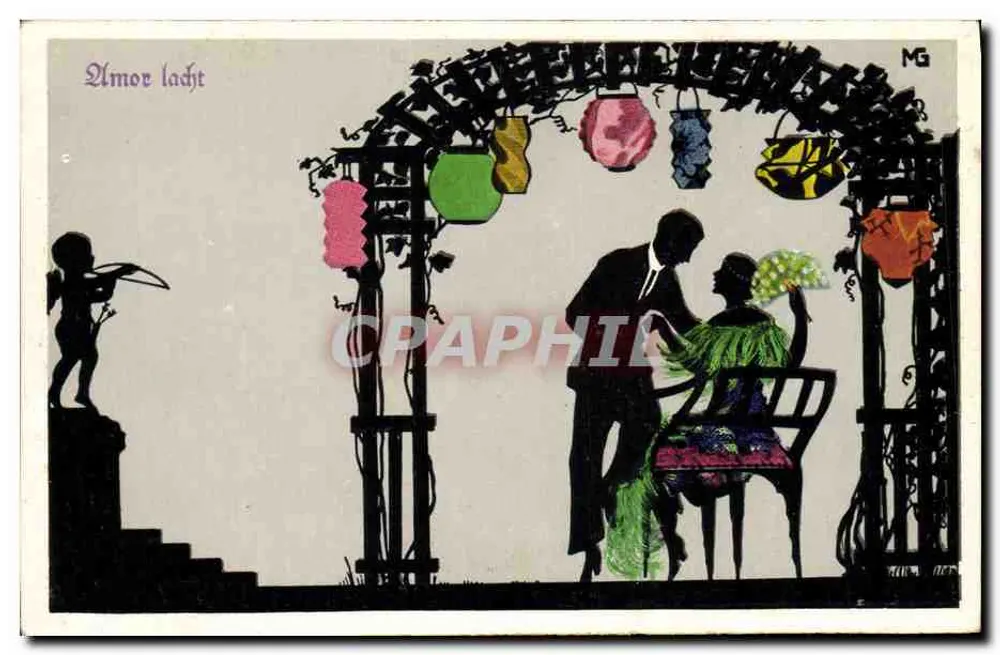 Amor ri — Silhuetas coloridas sob um treliçado — MG, série 1147 - Frente