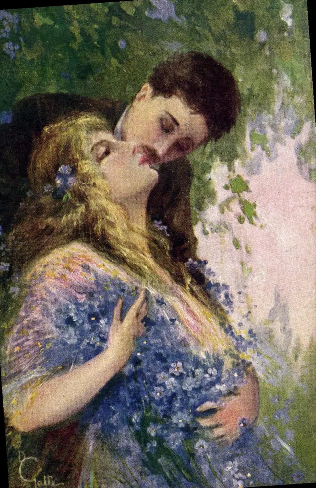 Ein Paar, das sich umarmt — Malerei von D. Caltte — Verlag F.M. Milan - Vorderseite