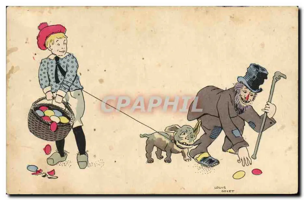 Kind und alter Mann mit Hund — Szene zum Osterfest — Verlag S.R.A. und Zeichnung von Louis Goyet - Vorderseite