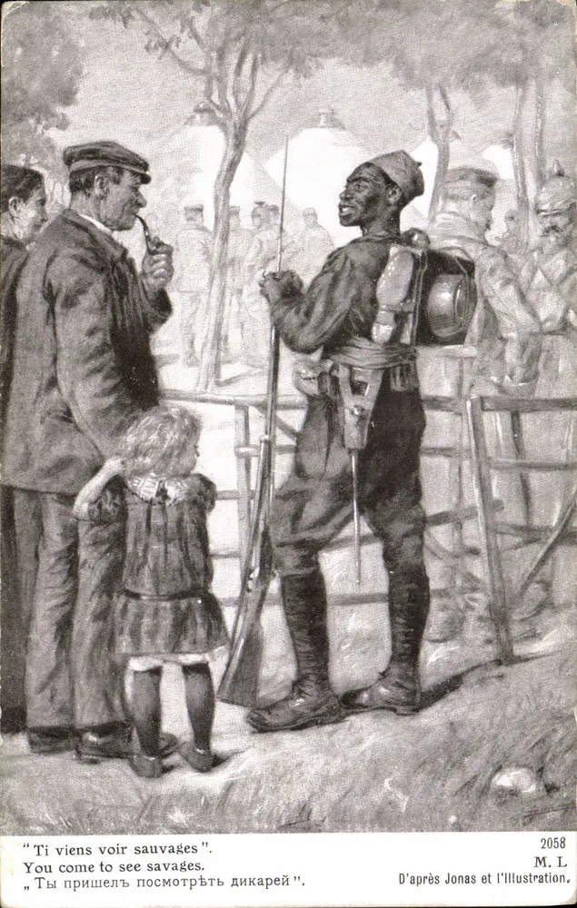 Sargento negro em uniforme — cena de encontro com um civil e uma criança — D'après Jonas e l'Illustration, n°2058 - Frente