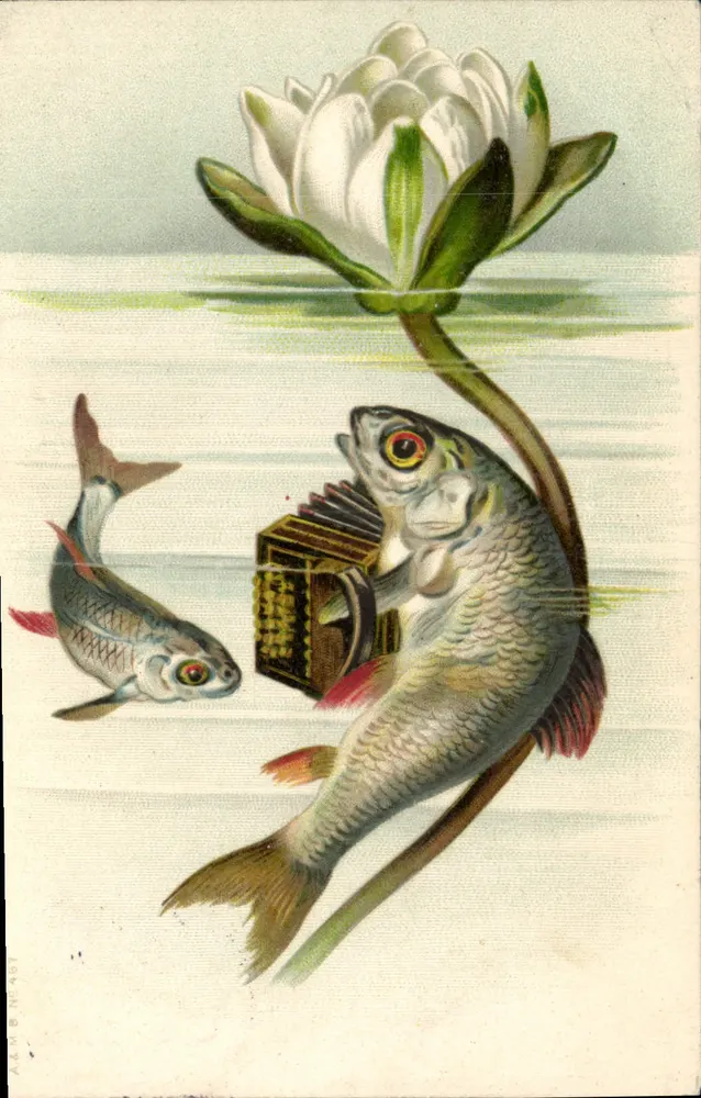 Peixes e flor de lótus — ilustração humorística — editor não visível - Frente