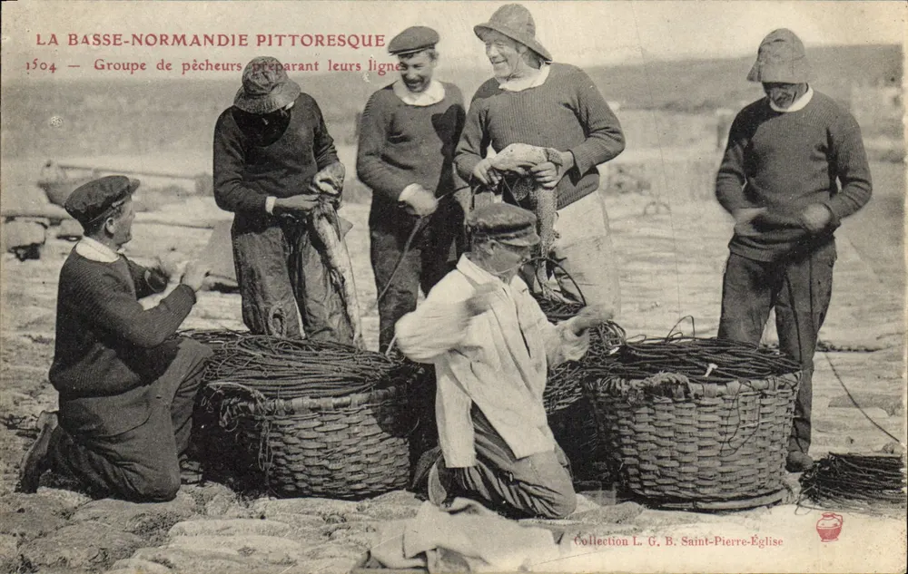 Die pittoreske Niedernormandie — Gruppe von Fischern, die ihre Leinen vorbereiten — Sammlung L. G. Saint-Pierre-Église - Vorderseite