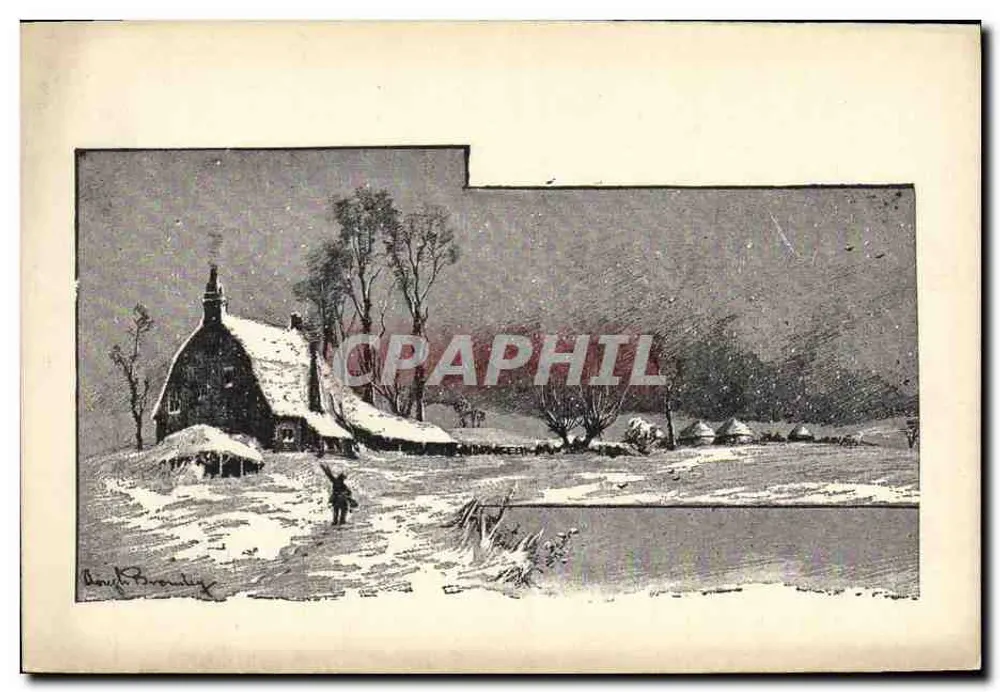 Winterlandschaft — Schneedecktes Haus, Mann geht — Kupferstich von David Boudy - Vorderseite