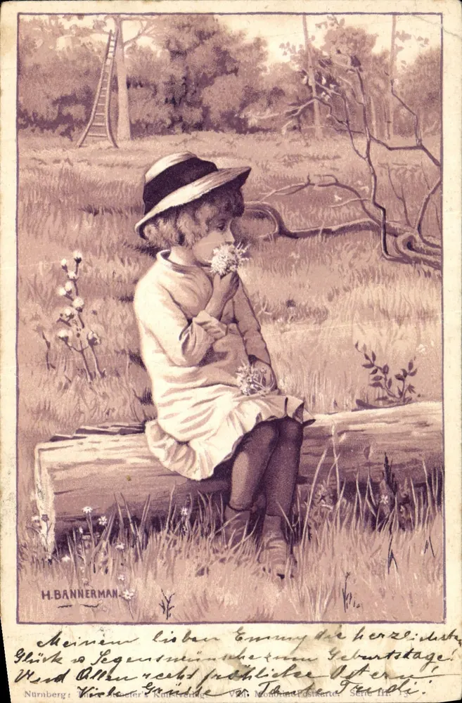 Mädchen sitzt auf einem Baumstamm — blüht eine Blume — H. BANNERMAN, Nürnberg, Serie III, Nr. 13 - Vorderseite