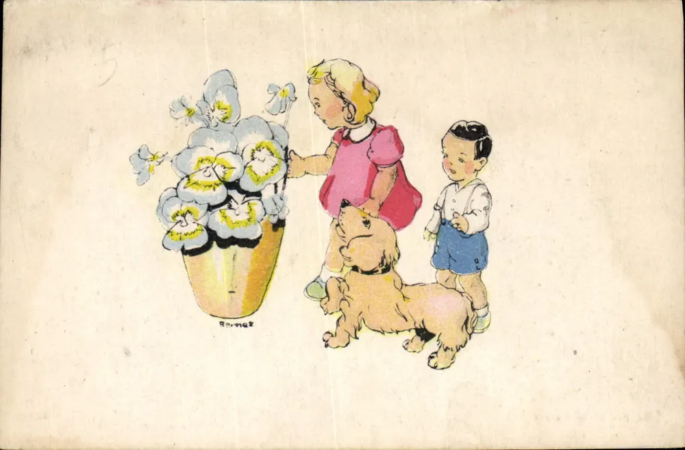 Kinder und Hund vor einem Blumenstrauß — Zeichnung unterzeichnet von 'Romez' — n°5 - Vorderseite