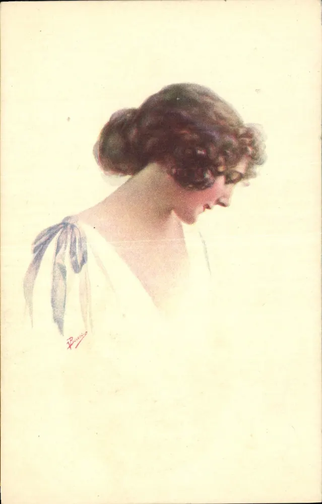 Junge Frau in weißem Kleid — Portrait — signierte Gravur 'Buccio' - Vorderseite