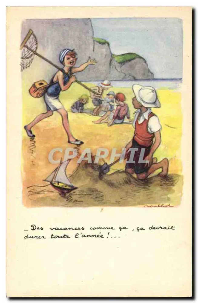Kinder, die am Strand spielen — Illustration von Noubbut — Soutien Fraternel des P.T.T. - Vorderseite