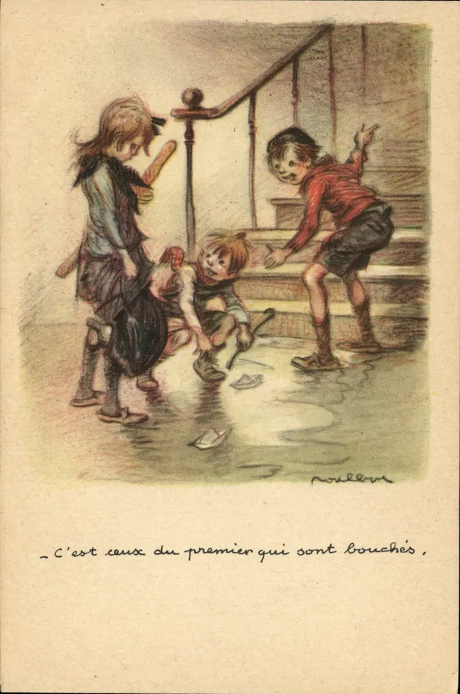 Kinder, die in einer Pfütze spielen — Illustration von Poulèvre — Nationale Liga gegen Slums - Vorderseite