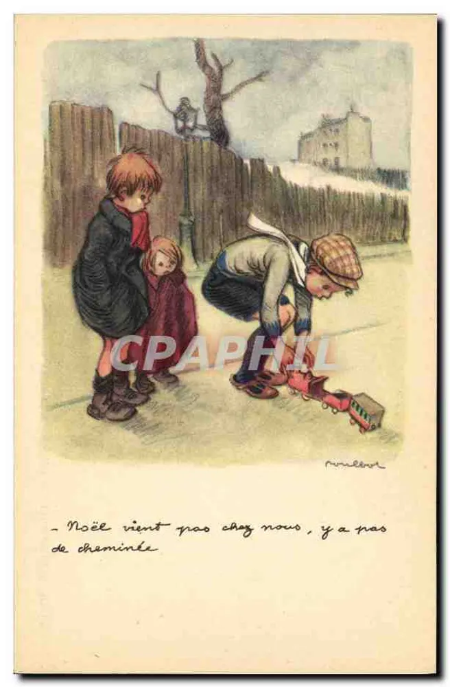 Kinder spielen mit einem Zug — Illustration von P. Murel — Nationale Liga gegen Slums - Vorderseite