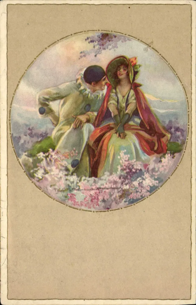 Liebendes Paar in floraler Umgebung — Verlag Ross-Monopol, Nr. 1016 - Vorderseite