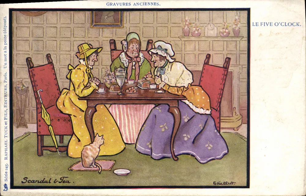 Scandal à Tea — As três senhoras no chá — Editor Raphael Tuck & Fils, Paris, Série 245 - Frente