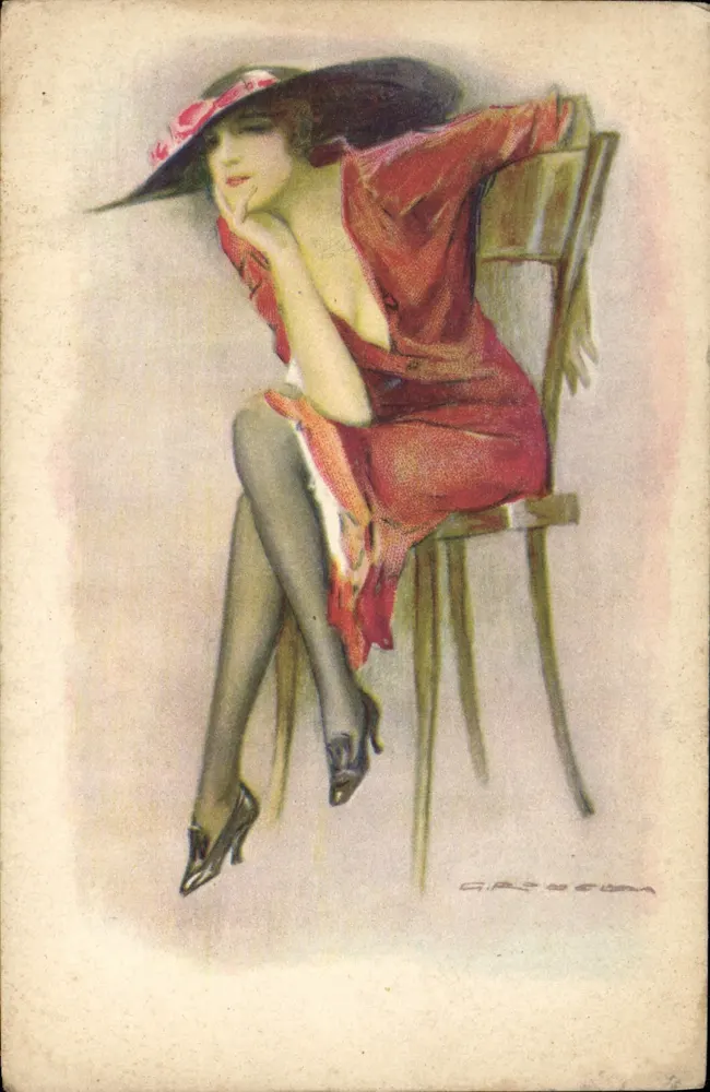 Frau in rotem Kleid und Hut — Illustration — G. R. G. — Serie 2183, veröffentlicht in Mailand - Vorderseite