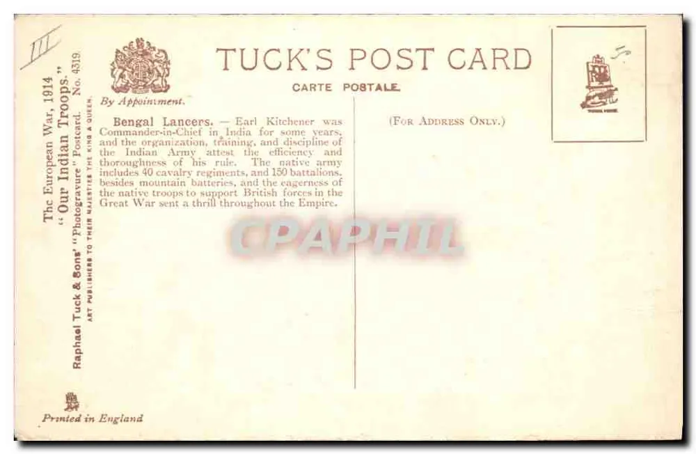 Bengal Lancers — Cartão Postal Tuck's No. 4319 - Verso