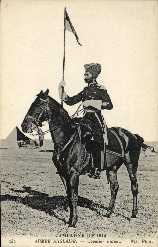 Campaña de 1914 — caballero indio — ejército británico. ND. Foto. N.º 142 - Anverso