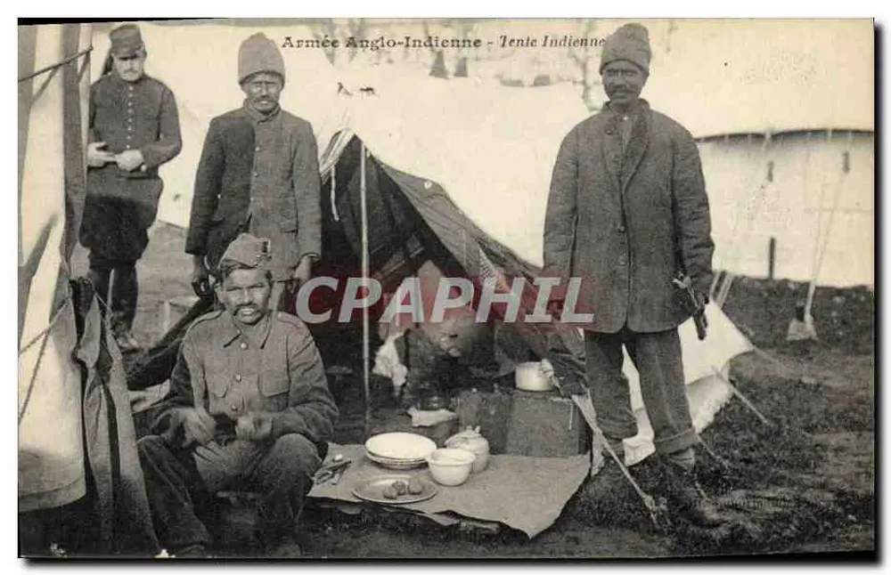 Anglo-indische Armee - indische Zelt — Soldaten in indischer Uniform vor einem Zelt — Verlag nicht sichtbar - Vorderseite