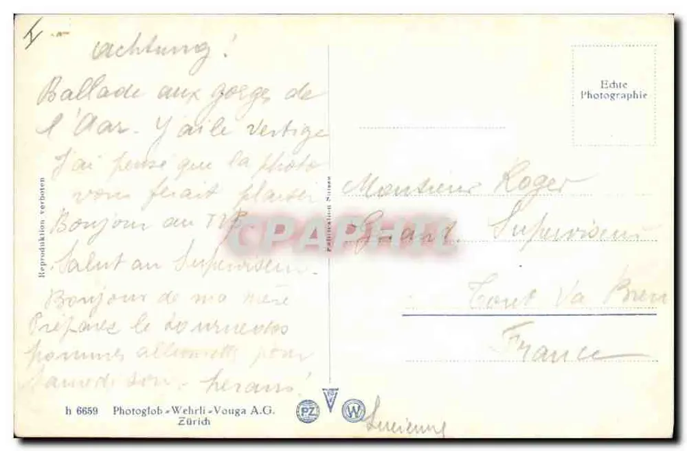 Vaca nas montanhas — Editor Photoglob-Wehrli A.G. Zürich, n° 6659 - Verso