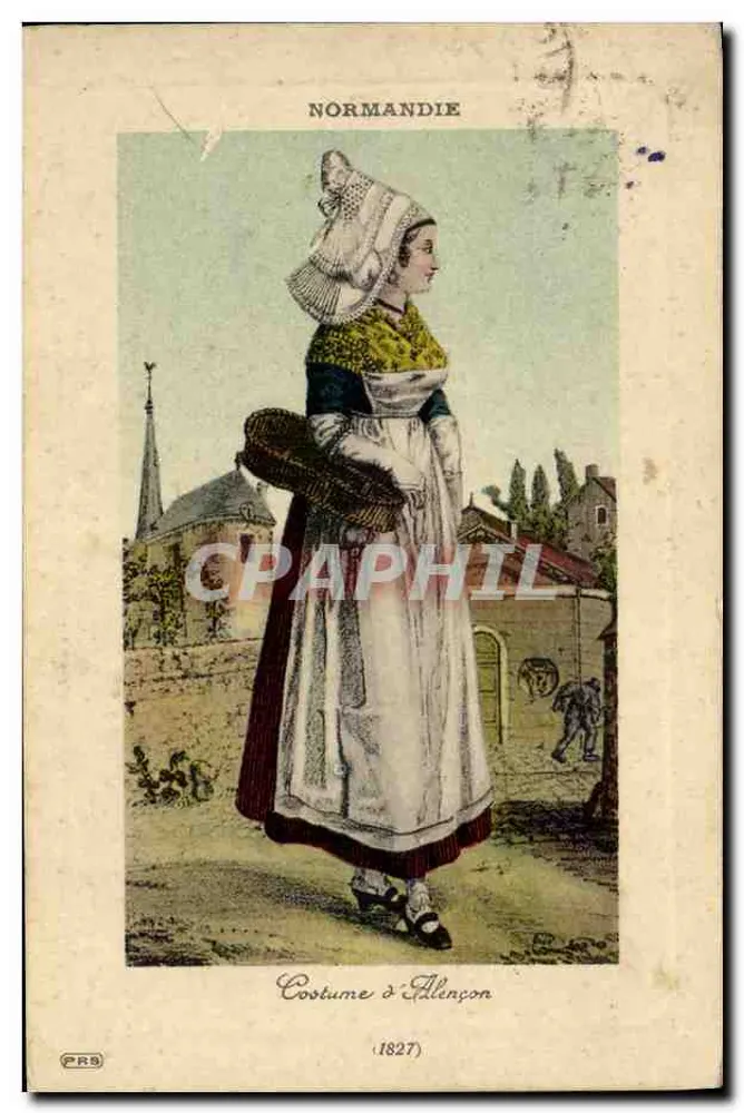 Costume d'Alençon — femme en costume traditionnel normand tenant un panier — éditeur PRS - Frente