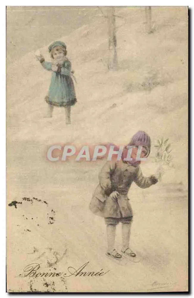 Zwei Kinder in der Schneewehe — Frohe Neujahr — Verlag Bonneville, Nr. 5014 - Vorderseite