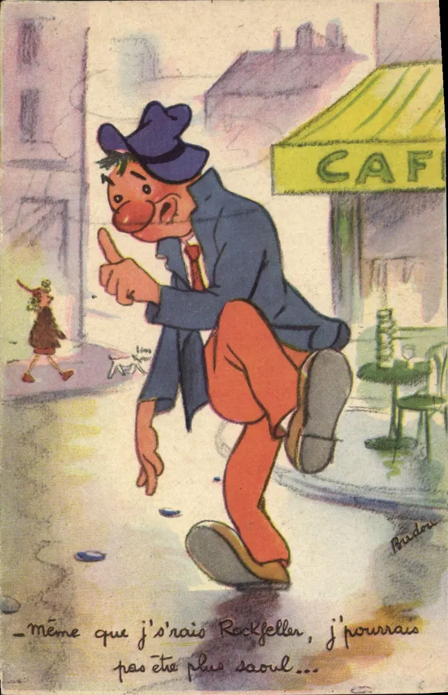 Betrunkenes Clowns in einer pariser Straße — Zeichnung von Pindra — Verlag M.D. Paris - Vorderseite