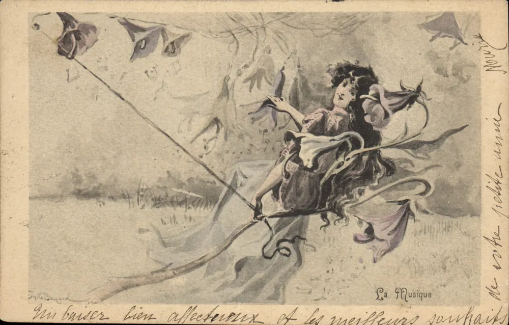 La Musique — Illustration einer jungen Frau mit Noten — Verlag: Émile Bayard, Seriennummer nicht sichtbar - Vorderseite