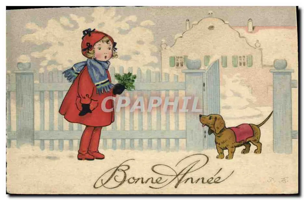 Kind im Winter mit Hund — Frohes Neues Jahr — M. B. - Vorderseite