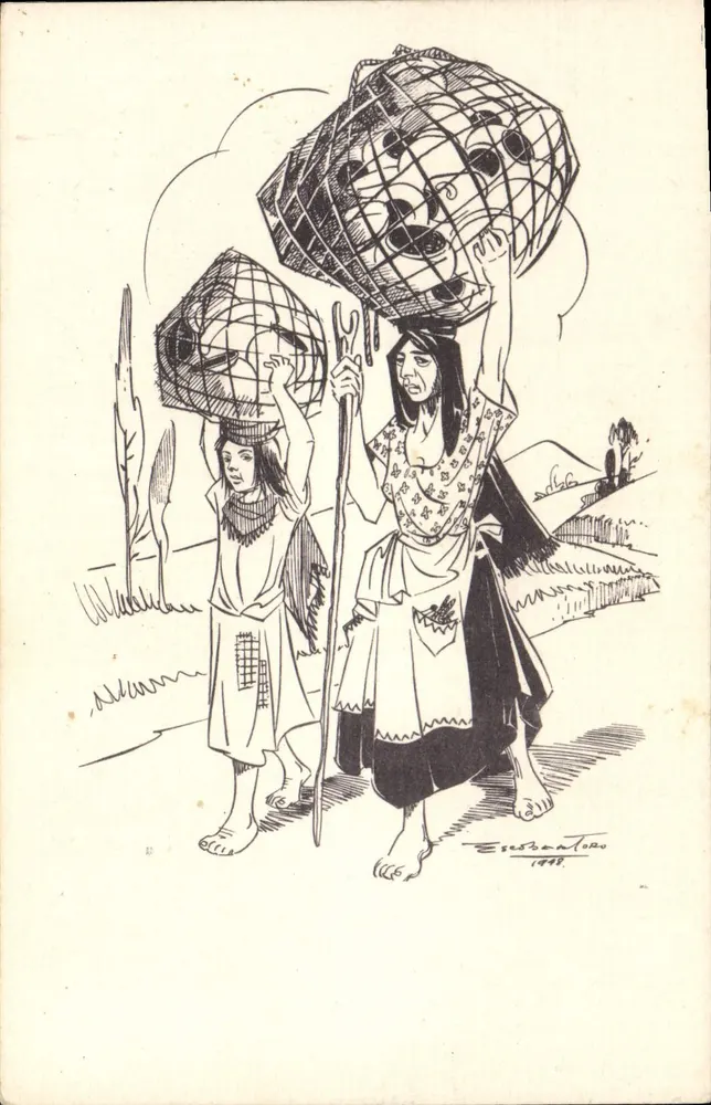 Zwei Frauen, die Körbe tragen — Zeichnung von Essebantoto — 1948 - Vorderseite