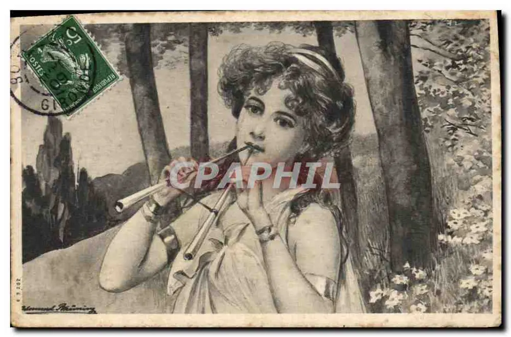 Jeune femme jouant d'un instrument de musique — scène forestière — éditeur Morand Rémining - Vorderseite