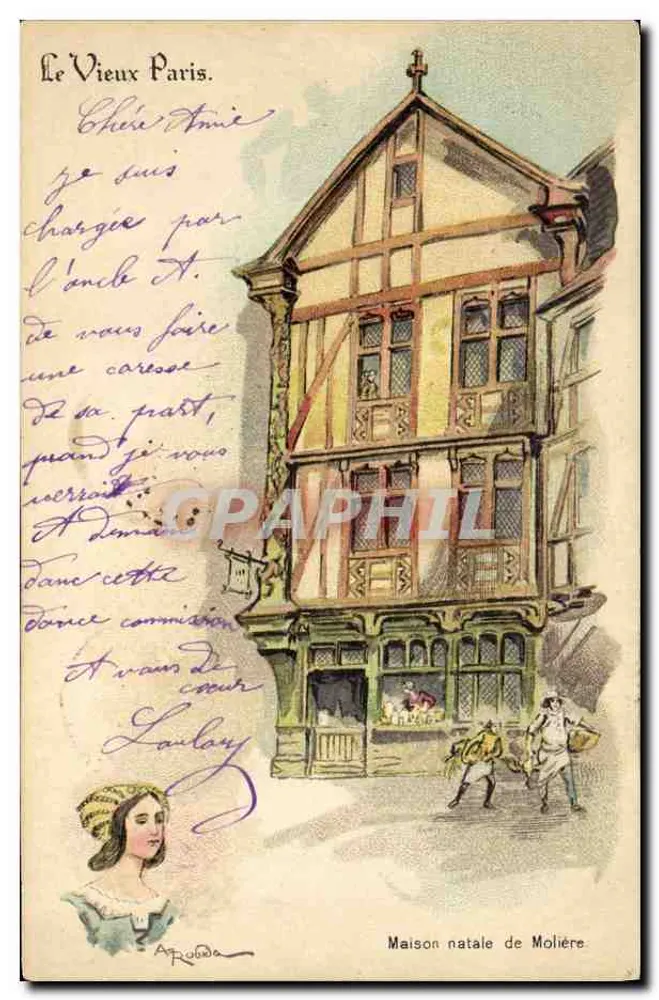 Geburtsort von Molière — farbige Illustration eines Fachwerkhauses — Verlag Arquoda, Seriennummer nicht sichtbar - Vorderseite