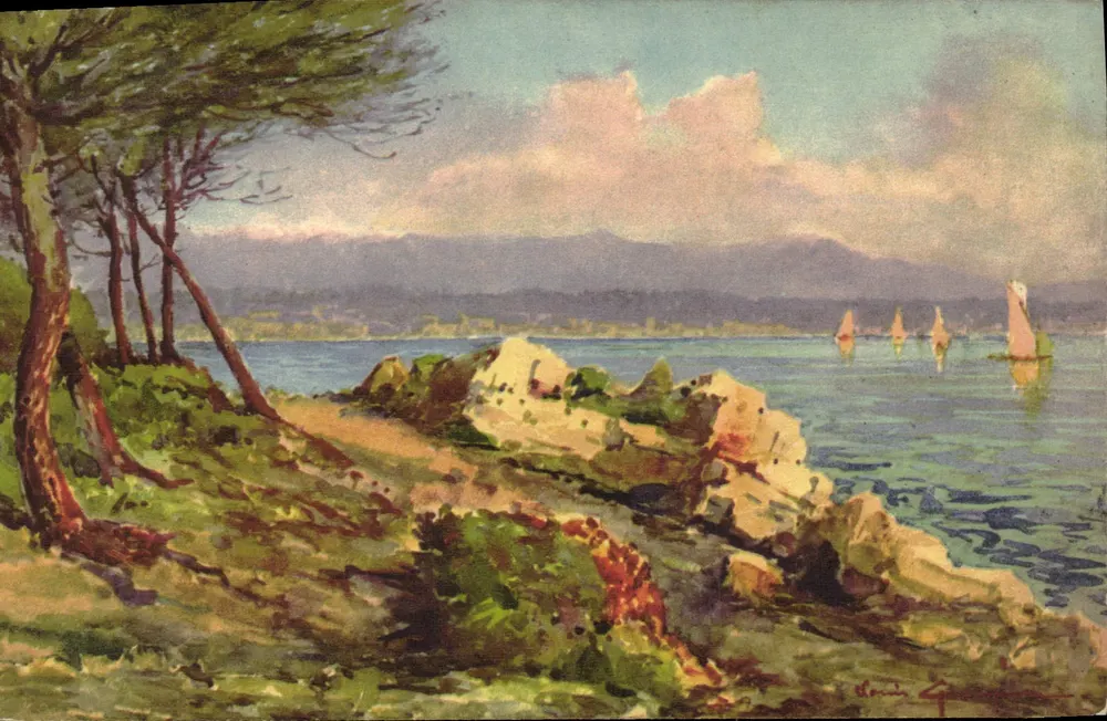 Ansicht des Sees Léman — Landschaft mit Segelbooten — Zeichnung von André Gaudin - Vorderseite